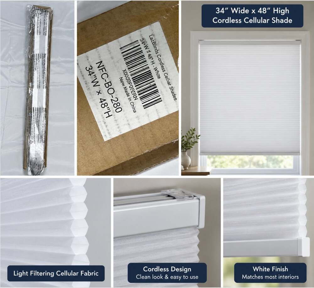 LazBlinds Cordless Cellular Honeycomb Window Shade White 34"W x 48"H New